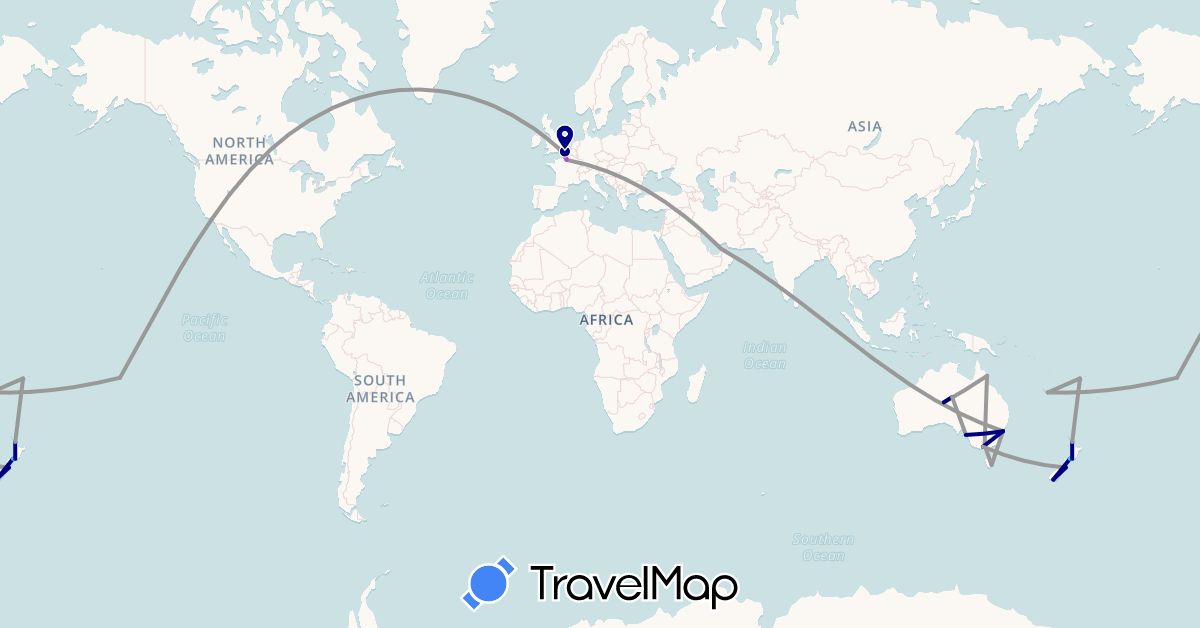 TravelMap itinerary: driving, plane, train, boat in United Arab Emirates, Australia, France, United Kingdom, New Zealand, French Polynesia, United States (Asia, Europe, North America, Oceania)